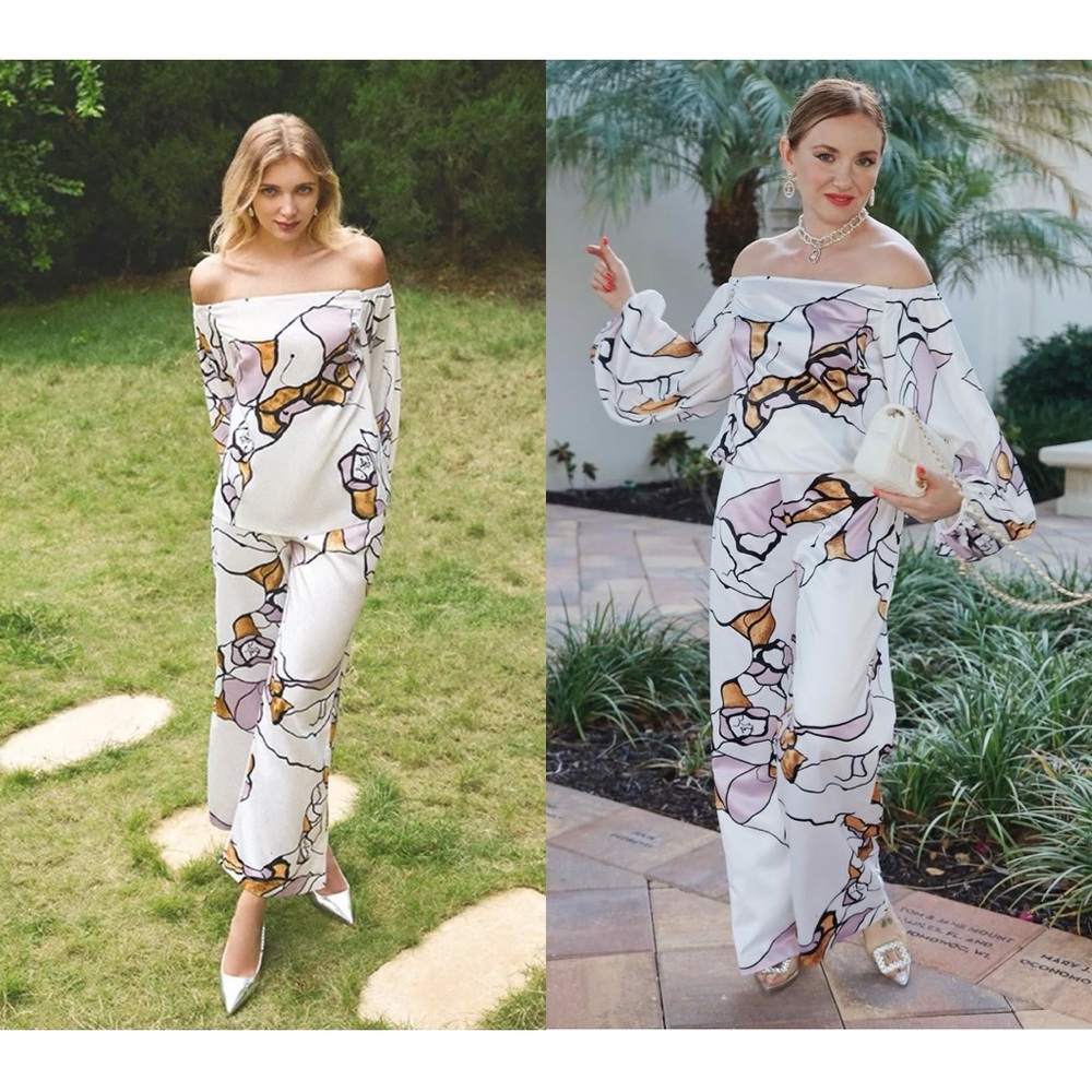 STYLEWE Abstract Floral Pants & Loose Cold Shoulder Blouse Set, Size S (4-6)